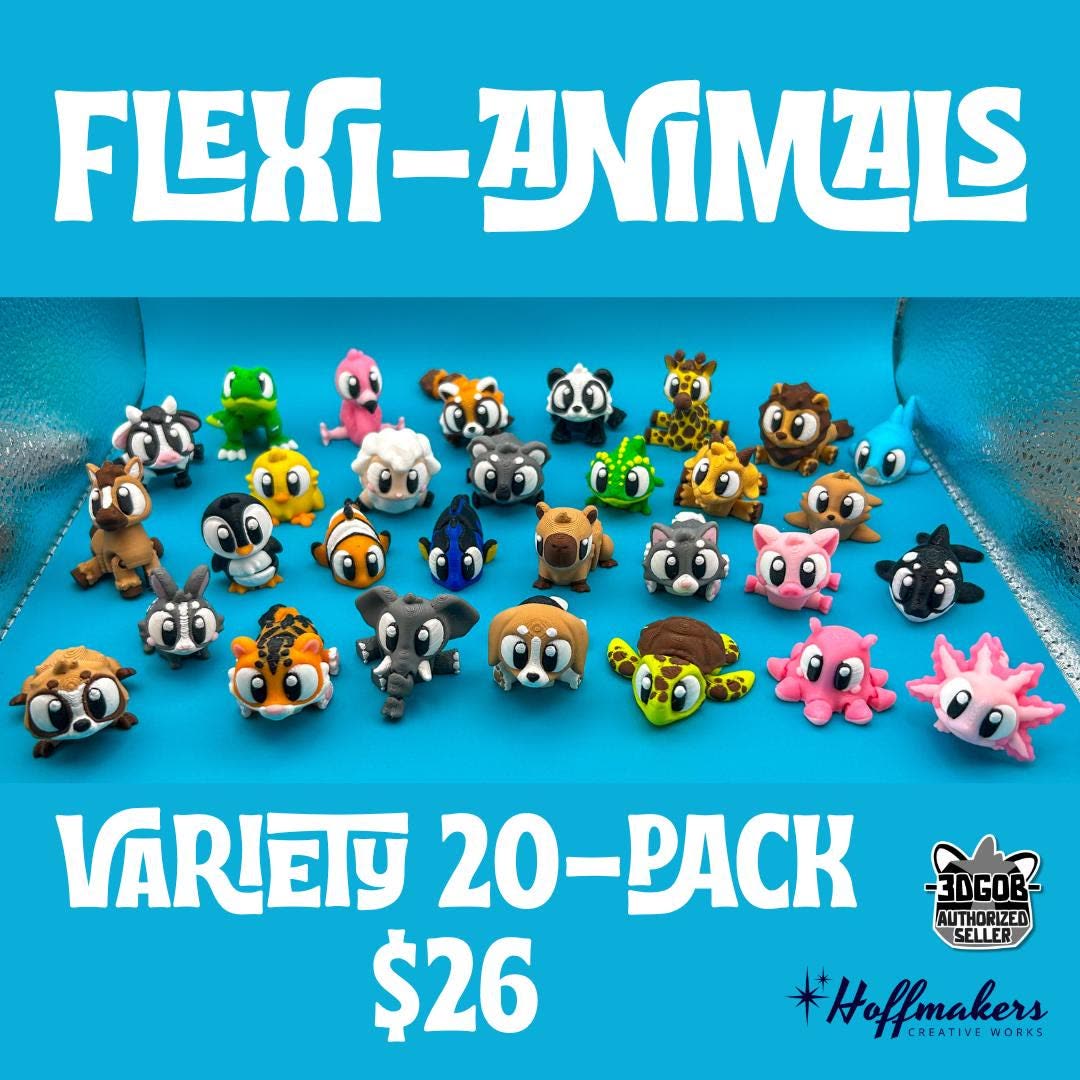 Rows of colorful 3D printed flexi animals on a blue background with the text Flexi-Animals Variety 20-Pack