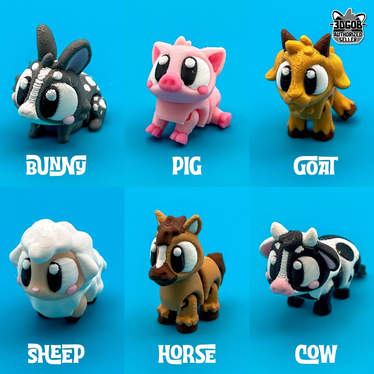 Six flexi animals labeled bunny, pig, goat, sheep, horse and cow on a blue background