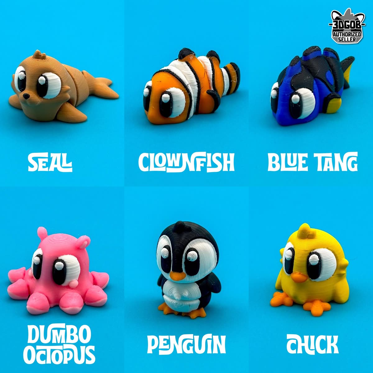Six flexi animals labeled seal, clownfish, blue tang, dumbo octopus, penguin and chick on a blue background